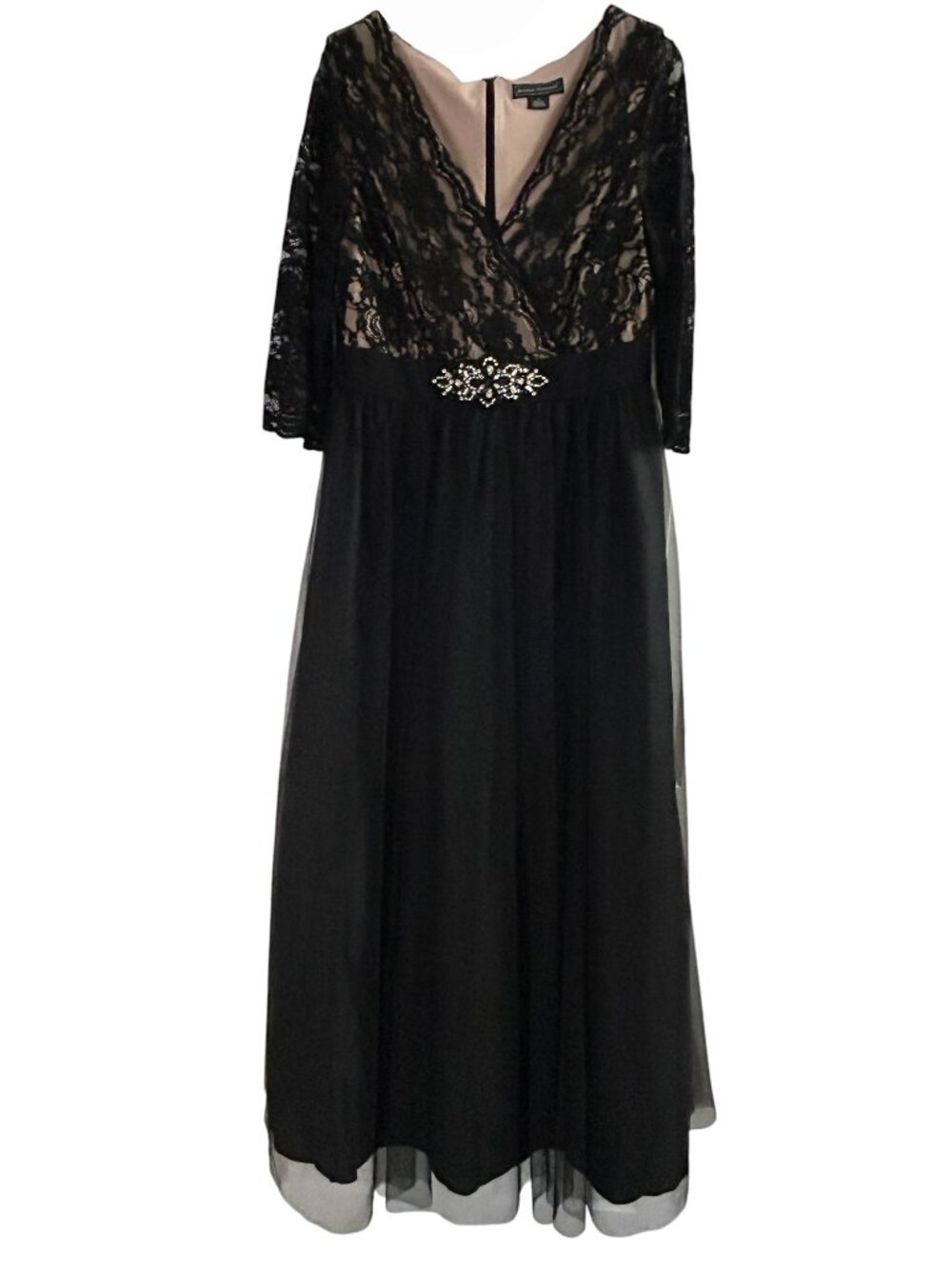 Jessica Howard Size 14 Black Lace Gown Special Occasion Dress 3/4 Sleeves Lined